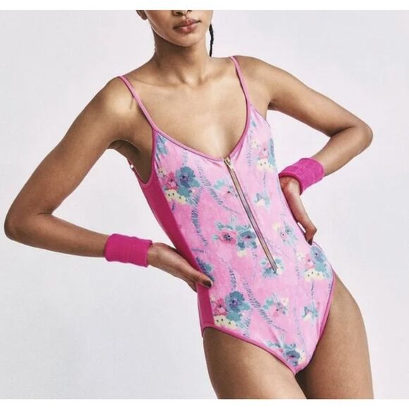 LoveShackFancy X Beach Riot Cheryl Swim Suit in Hints of Hibiscus Pink Sz XS